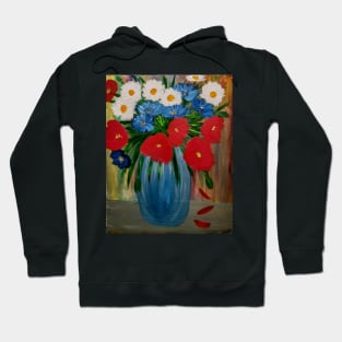 Some poppies and carnations flowers in a metallic blue vase Hoodie